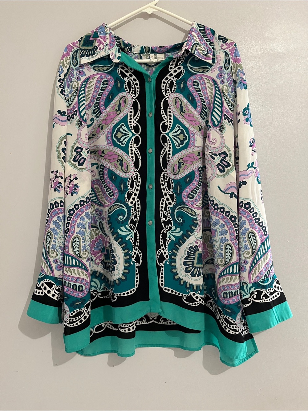 Cato Teal, Purple & Black Paisley Button-Down Shirt Women’s Size 22/24 W blouse